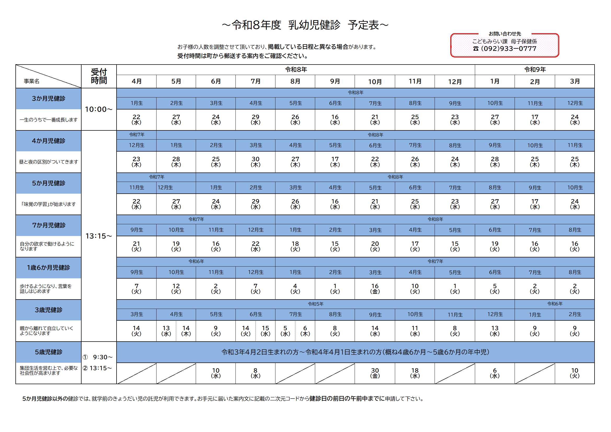 令和8年度乳幼児健康診査年間予定表